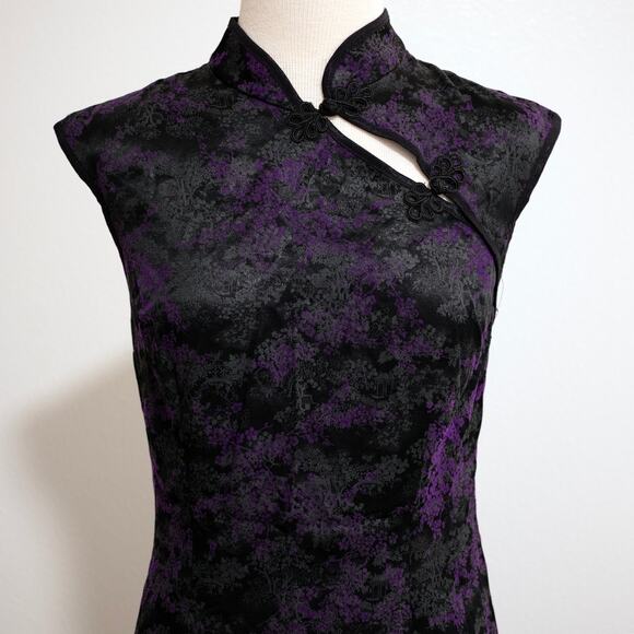 Morbid Threads Black Purple Damask Cheongsam Sheath Dress 90s 1990 Y2K SZ M - Picture 2 of 8